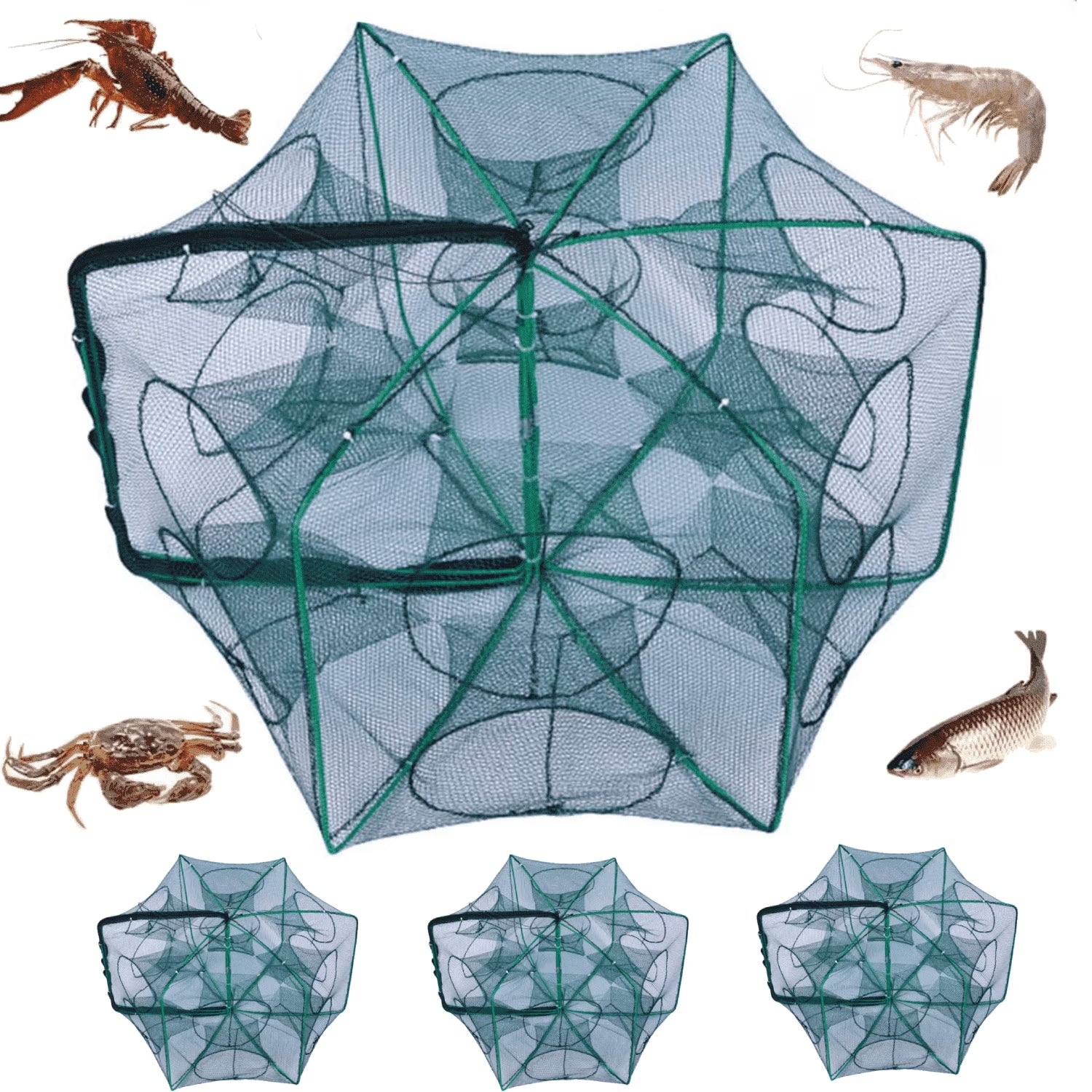 3‑Pack Crawfish Traps, 12-Hole Fishing Trap, Cylindrical Hexagon Crab Trap, Green Foldable Fishing Net, Fishing Accessories for Small Fish Shrimp Crab Crawfish (23.6 X 13.8 In)