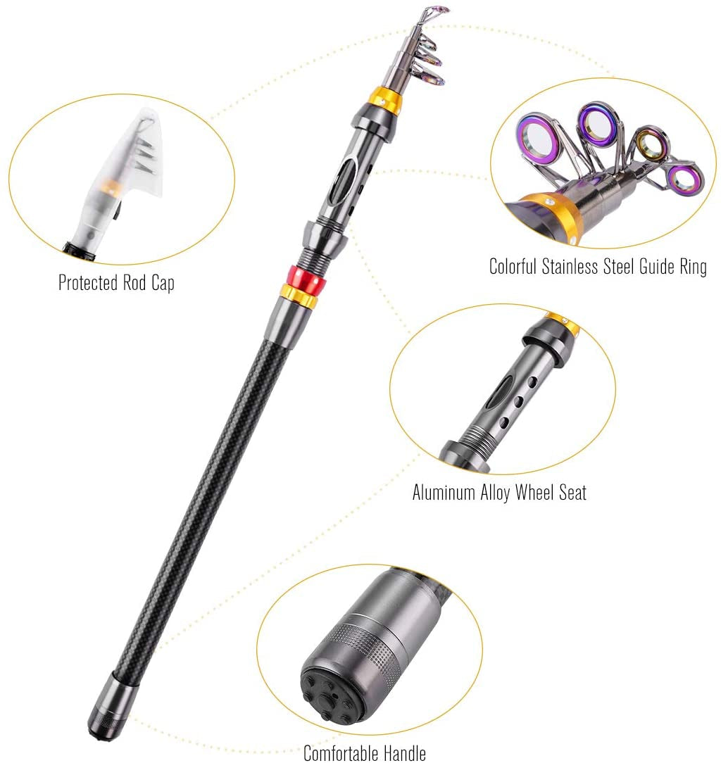 Fishing Rod Kit,  Carbon Fiber Reel Combo Pole and Telescopic Fishing with Line Lures Tackle Hooks Reel Carrier Bag for Adults Saltwater Freshwater Travel (2.1)